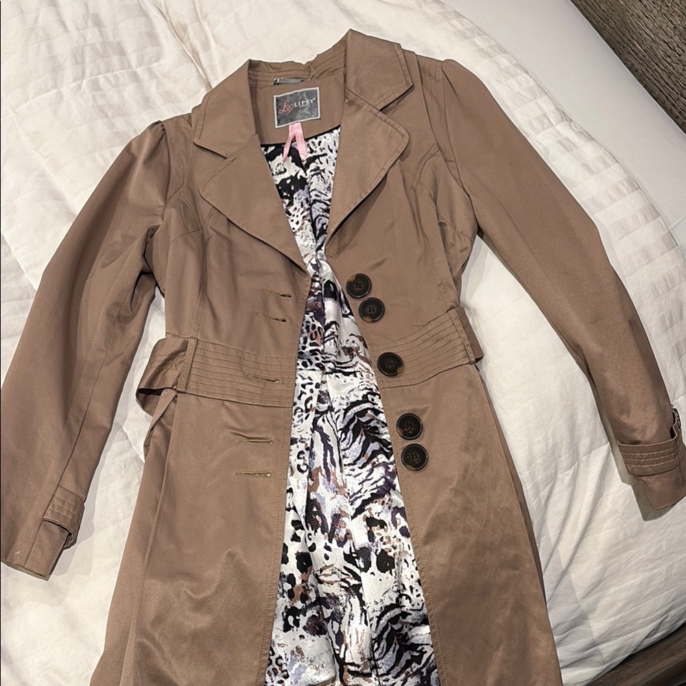 Brown Trench Coat with Animal Print Lining
